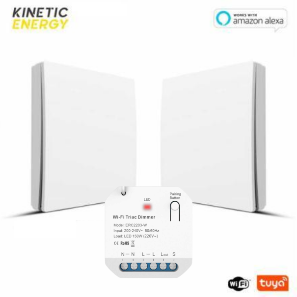 Kit Cap-scara Controller Kinetic Energy, 1 canal, 1,5A, Dimmer WiFi si RF433 Tuya + 2 x Interupator wireless 1 kit cap scara intrerupator controller wifi kinetic energy