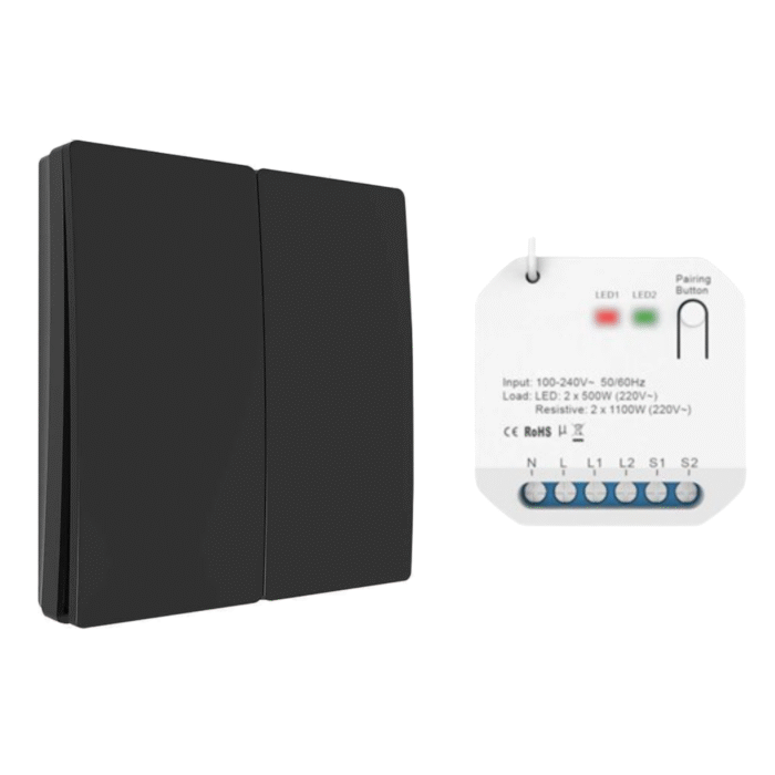 KIT Întrerupator dublu wireless negru / fara fir cu revenire + Controller doza cu 2 canale 2*5A RF433 Kinetic Energy 1 Kit intrerupator dublu Controller Kinetic Energy KES2200 KERC2202